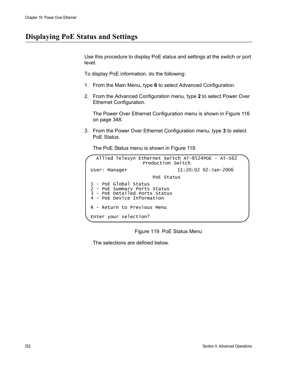 Displaying poe status and settings, Figure 119: poe status menu | Allied Telesis AT-S62 User Manual | Page 352 / 822