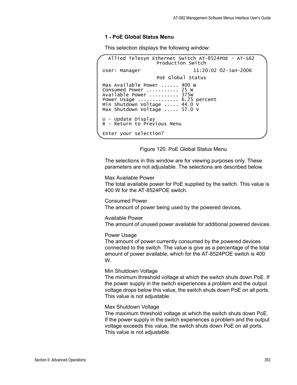 Figure 120: poe global status menu | Allied Telesis AT-S62 User Manual | Page 353 / 822