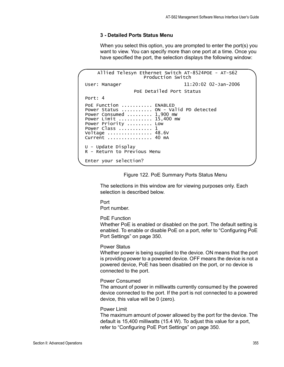 Figure 122: poe summary ports status menu | Allied Telesis AT-S62 User Manual | Page 355 / 822
