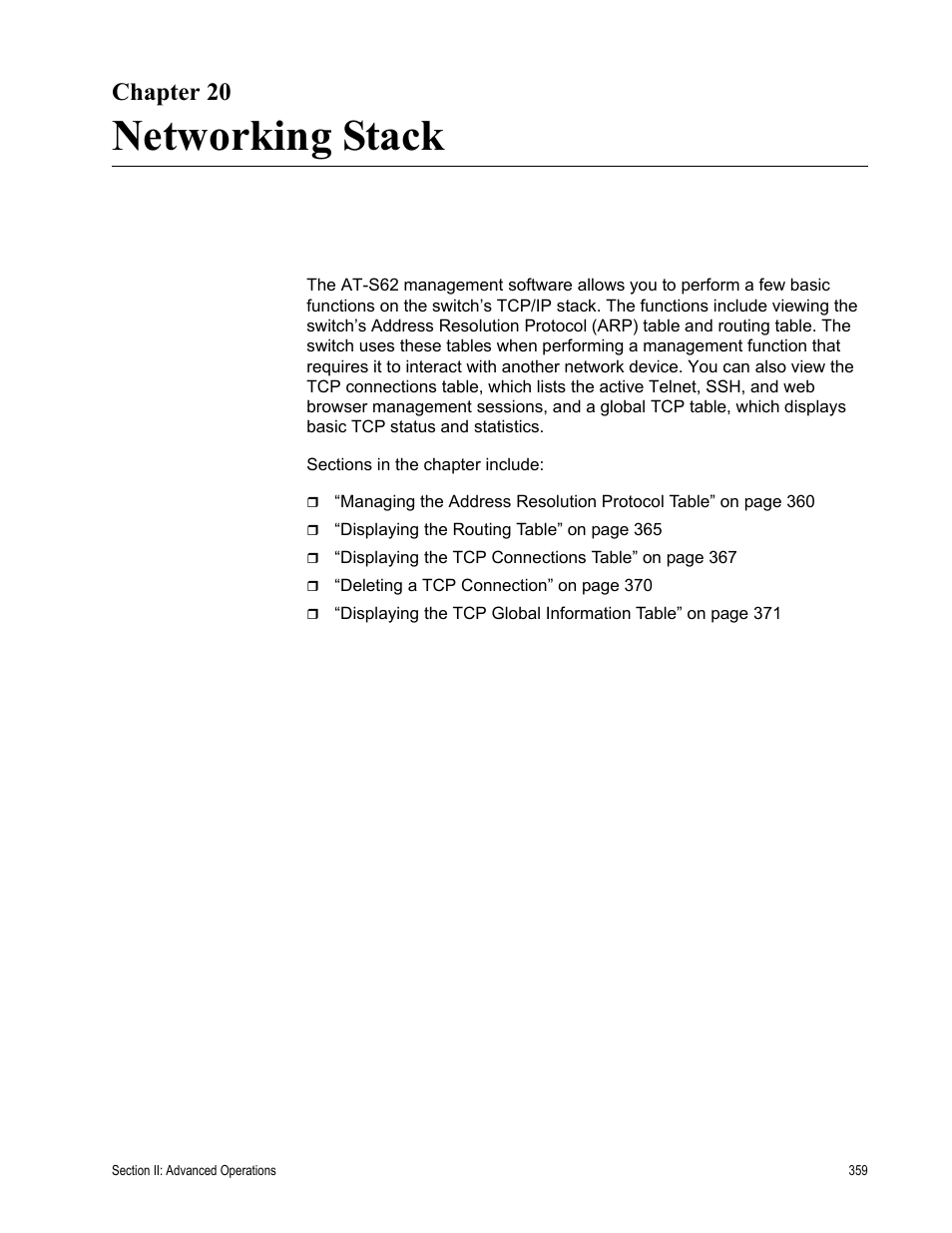 Chapter 20, Networking stack, Chapter 20: networking stack | Allied Telesis AT-S62 User Manual | Page 359 / 822