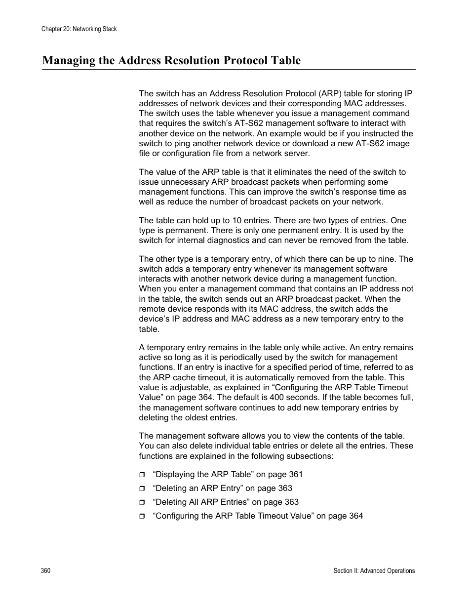 Managing the address resolution protocol table | Allied Telesis AT-S62 User Manual | Page 360 / 822