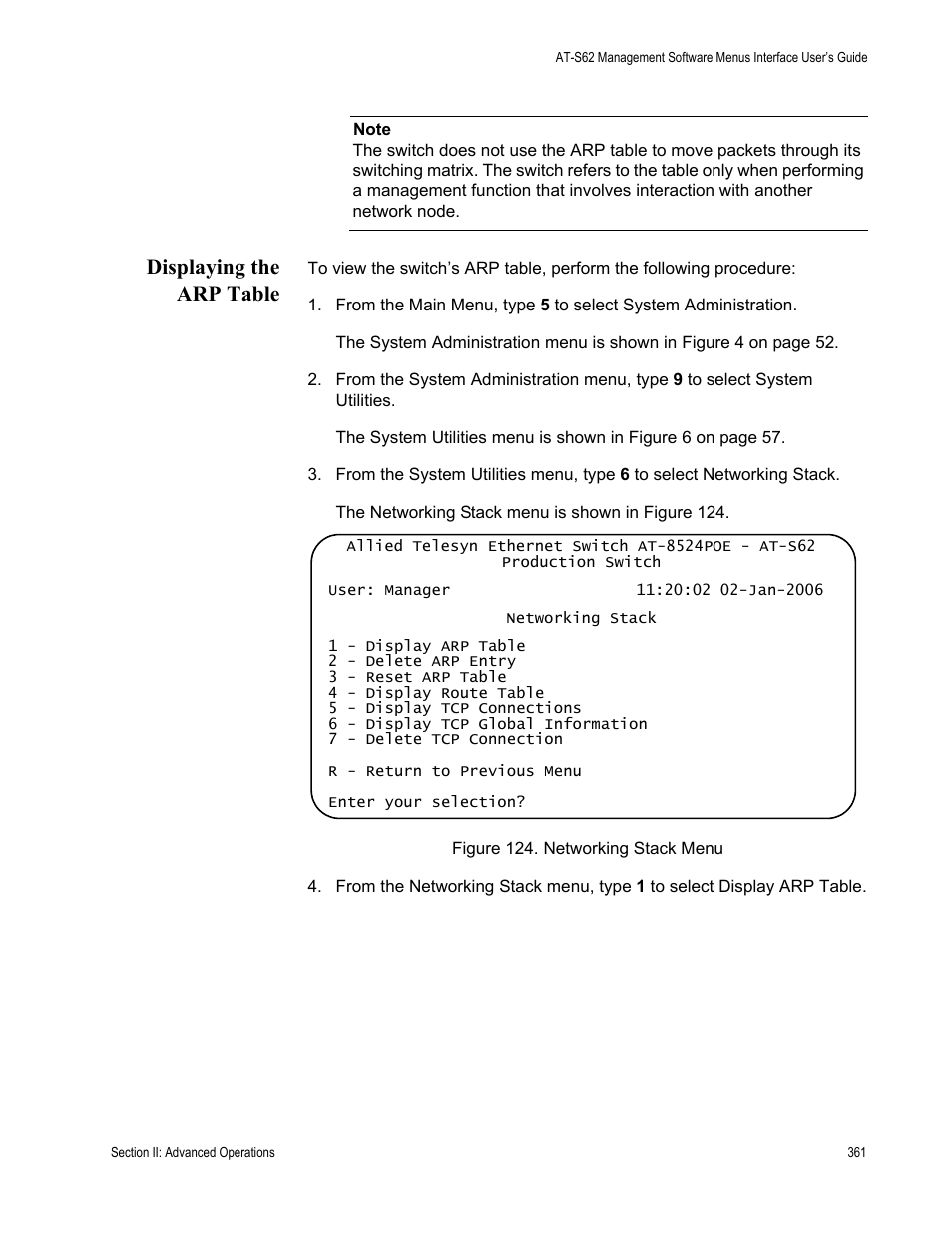 Displaying the arp table, Figure 124: networking stack menu | Allied Telesis AT-S62 User Manual | Page 361 / 822