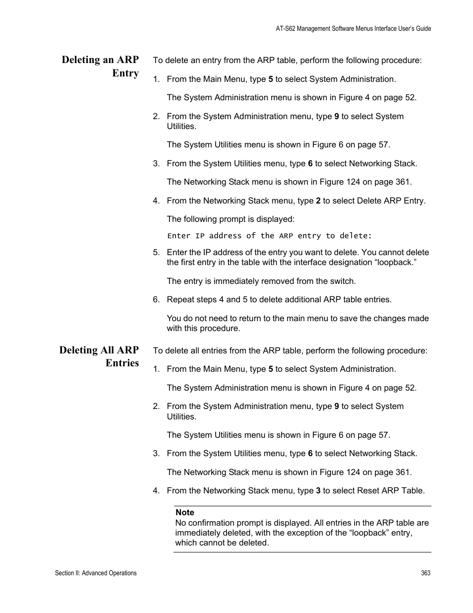 Deleting an arp entry, Deleting all arp entries, Deleting an arp entry deleting all arp entries | Allied Telesis AT-S62 User Manual | Page 363 / 822
