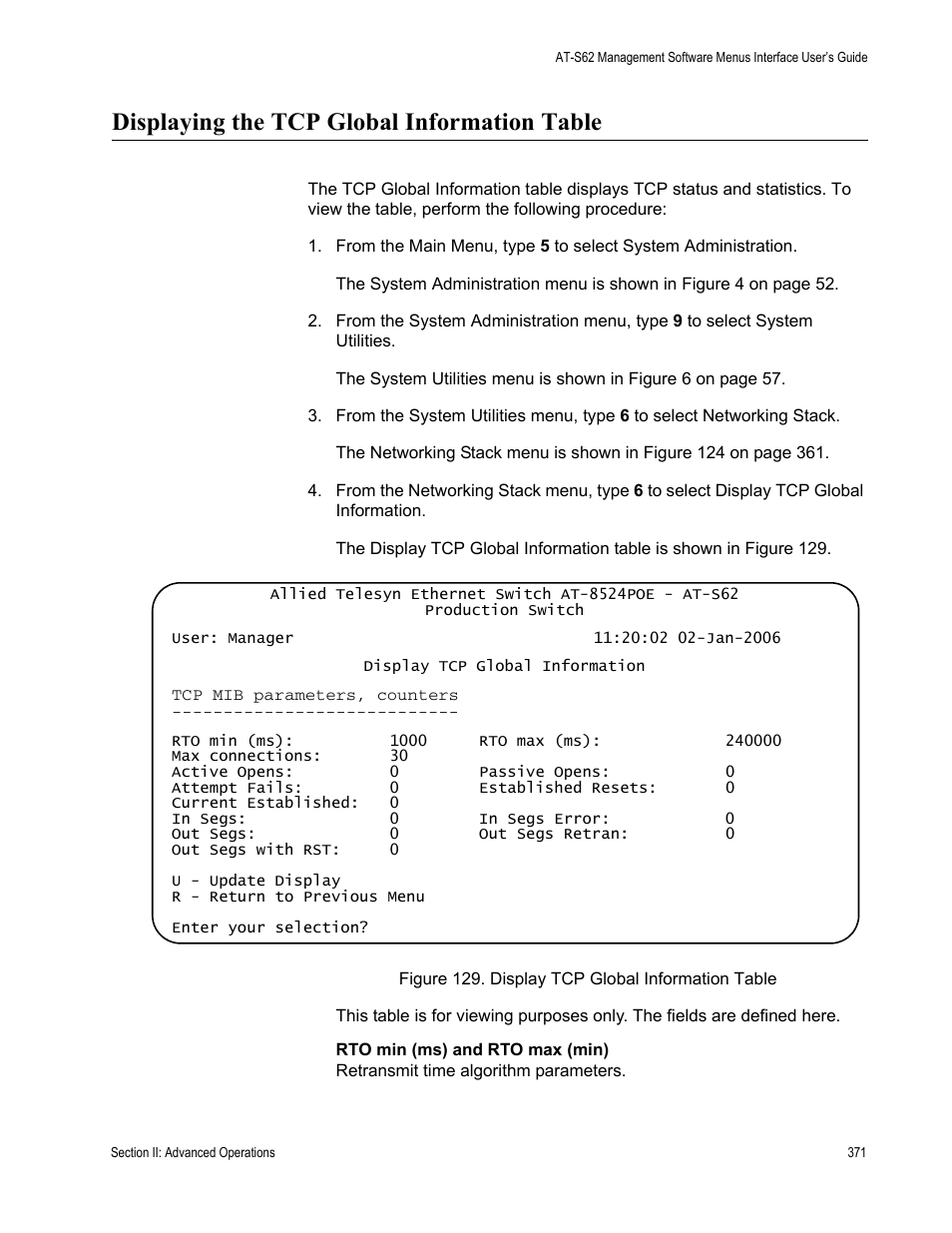 Displaying the tcp global information table, Display tcp global information table | Allied Telesis AT-S62 User Manual | Page 371 / 822