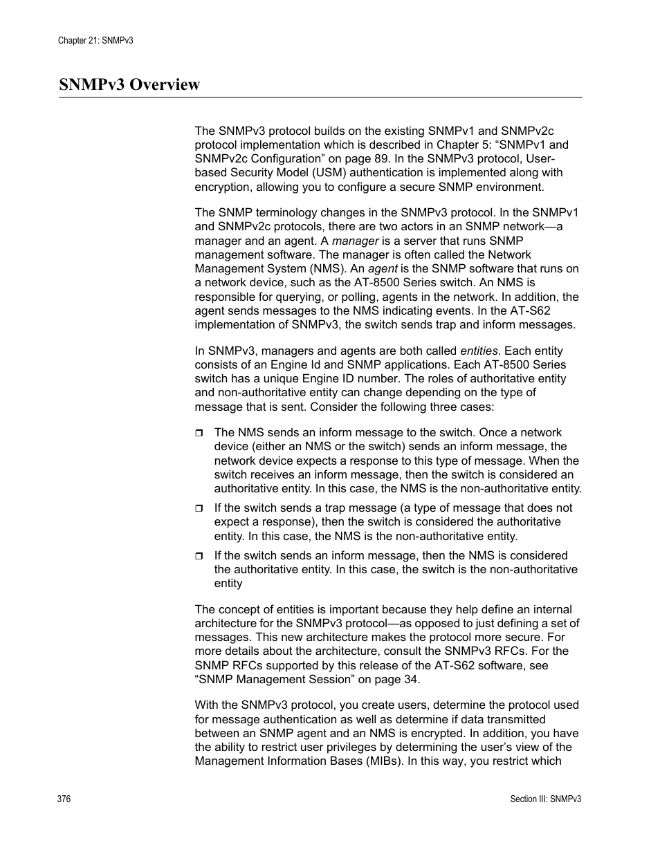 Snmpv3 overview | Allied Telesis AT-S62 User Manual | Page 376 / 822