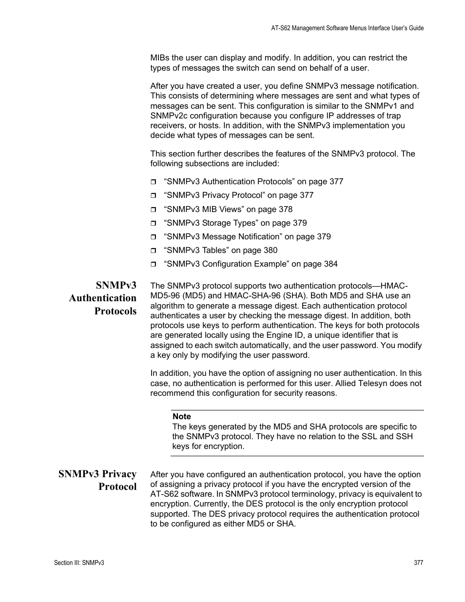 Snmpv3 authentication protocols, Snmpv3 privacy protocol | Allied Telesis AT-S62 User Manual | Page 377 / 822
