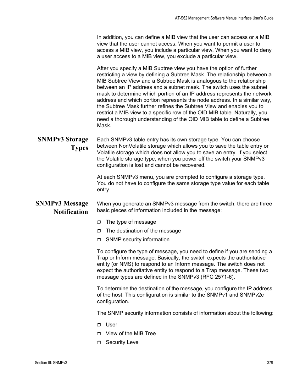 Snmpv3 storage types, Snmpv3 message notification, Snmpv3 storage types snmpv3 message notification | Allied Telesis AT-S62 User Manual | Page 379 / 822