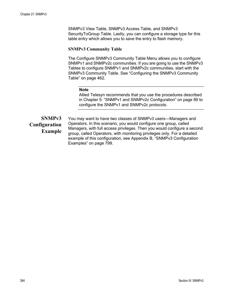 Snmpv3 configuration example | Allied Telesis AT-S62 User Manual | Page 384 / 822