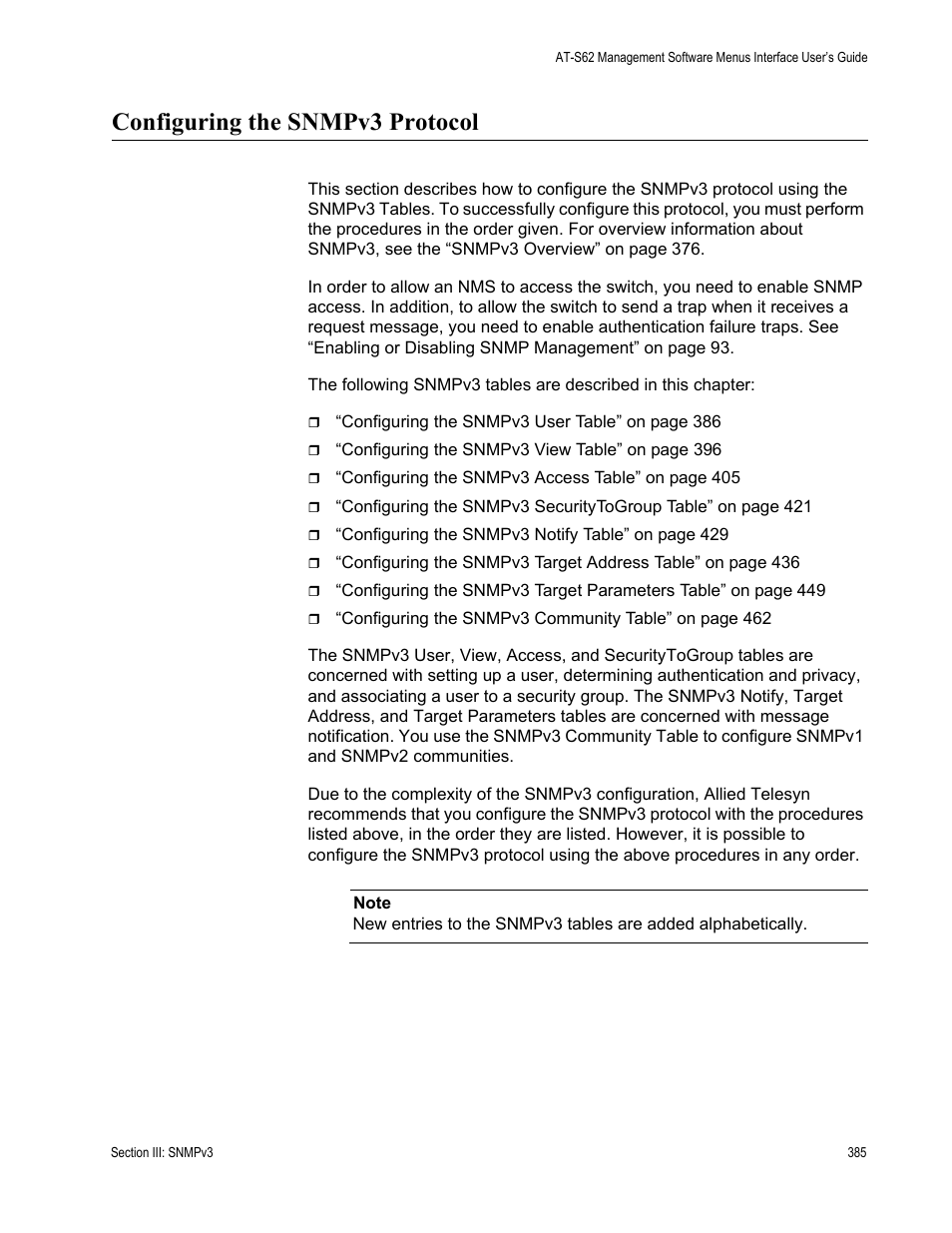 Configuring the snmpv3 protocol | Allied Telesis AT-S62 User Manual | Page 385 / 822