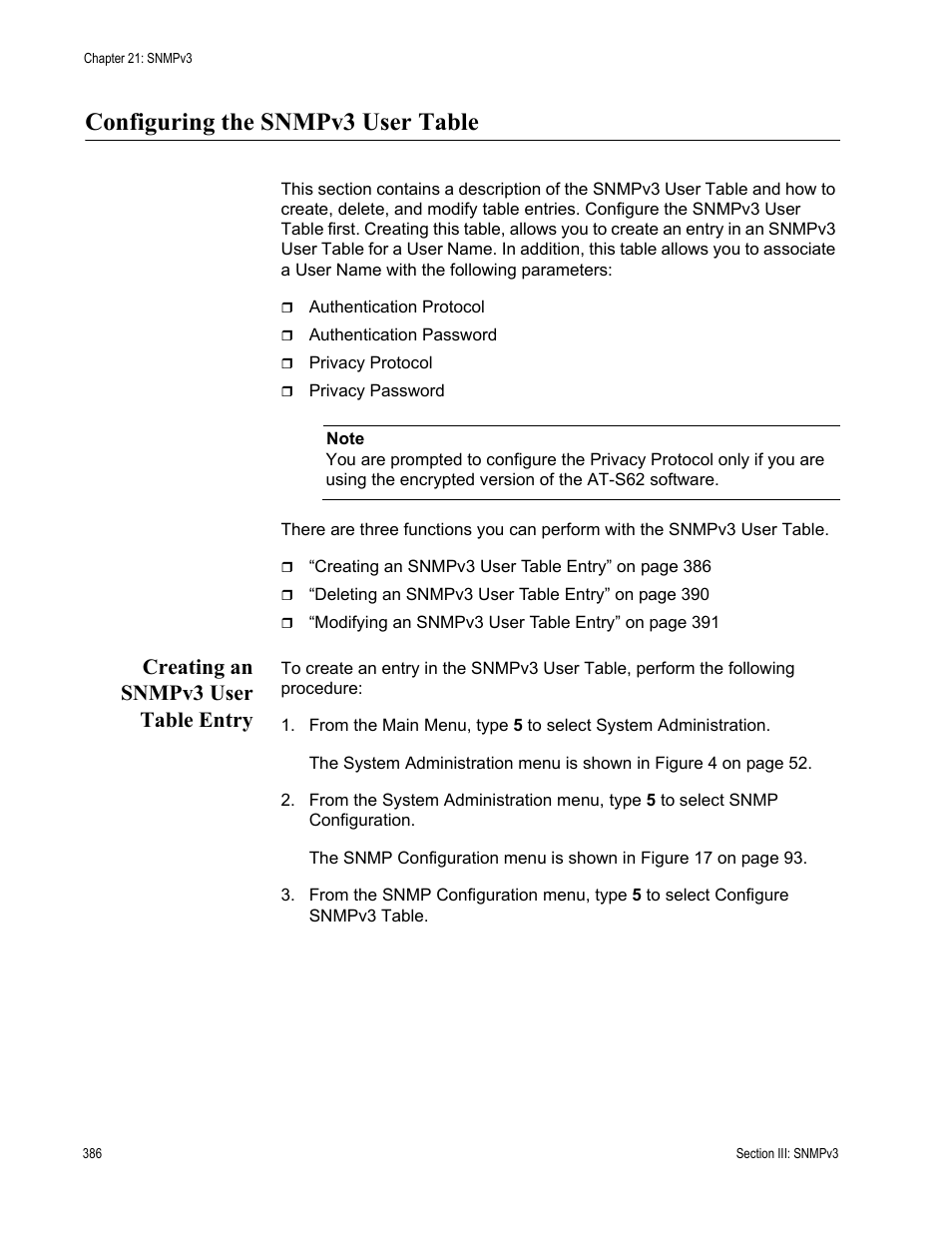 Configuring the snmpv3 user table, Creating an snmpv3 user table entry | Allied Telesis AT-S62 User Manual | Page 386 / 822