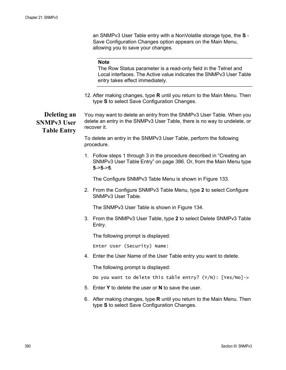 Deleting an snmpv3 user table entry | Allied Telesis AT-S62 User Manual | Page 390 / 822