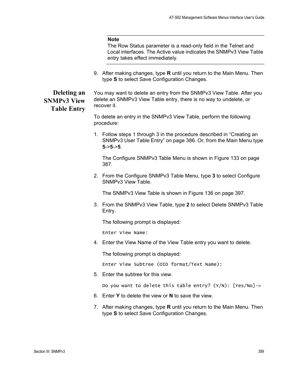 Deleting an snmpv3 view table entry | Allied Telesis AT-S62 User Manual | Page 399 / 822