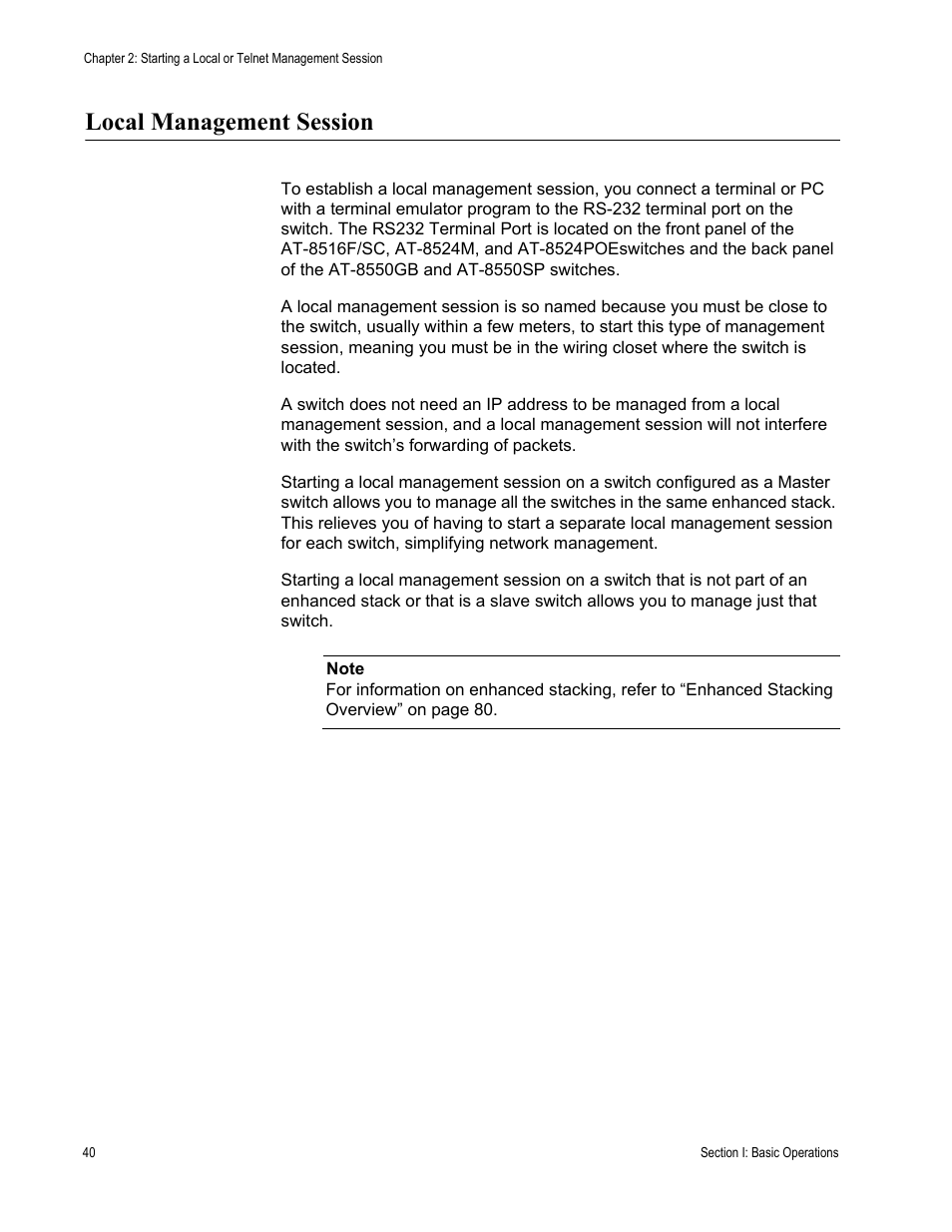 Local management session | Allied Telesis AT-S62 User Manual | Page 40 / 822