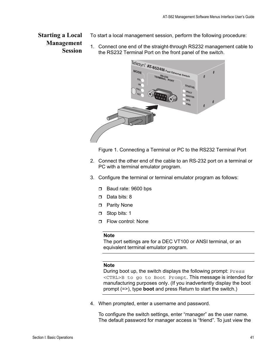 Starting a local management session | Allied Telesis AT-S62 User Manual | Page 41 / 822