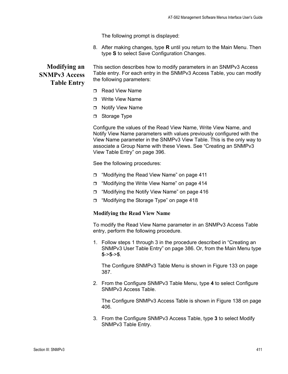 Modifying an snmpv3 access table entry | Allied Telesis AT-S62 User Manual | Page 411 / 822