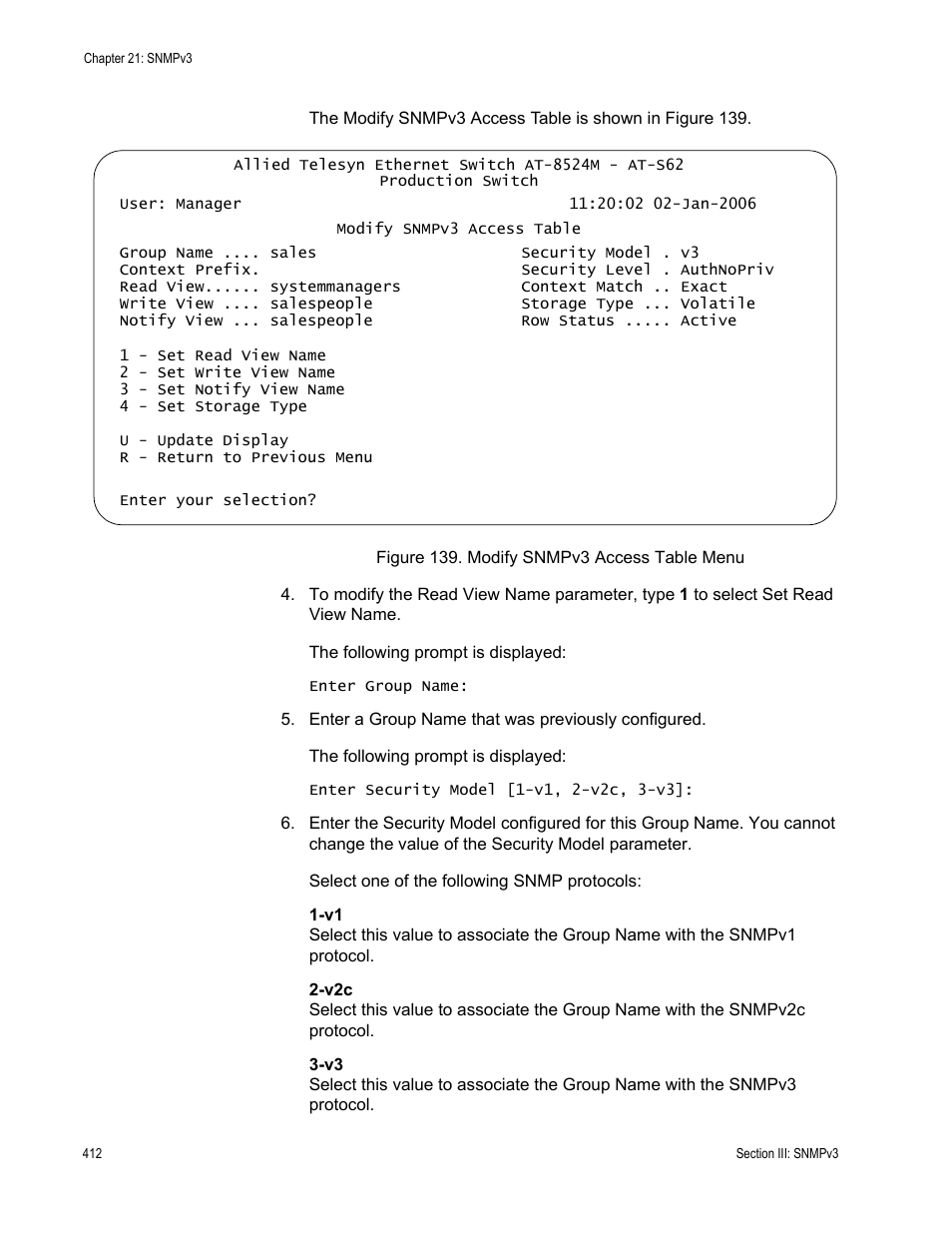 Figure 139: modify snmpv3 access table menu | Allied Telesis AT-S62 User Manual | Page 412 / 822
