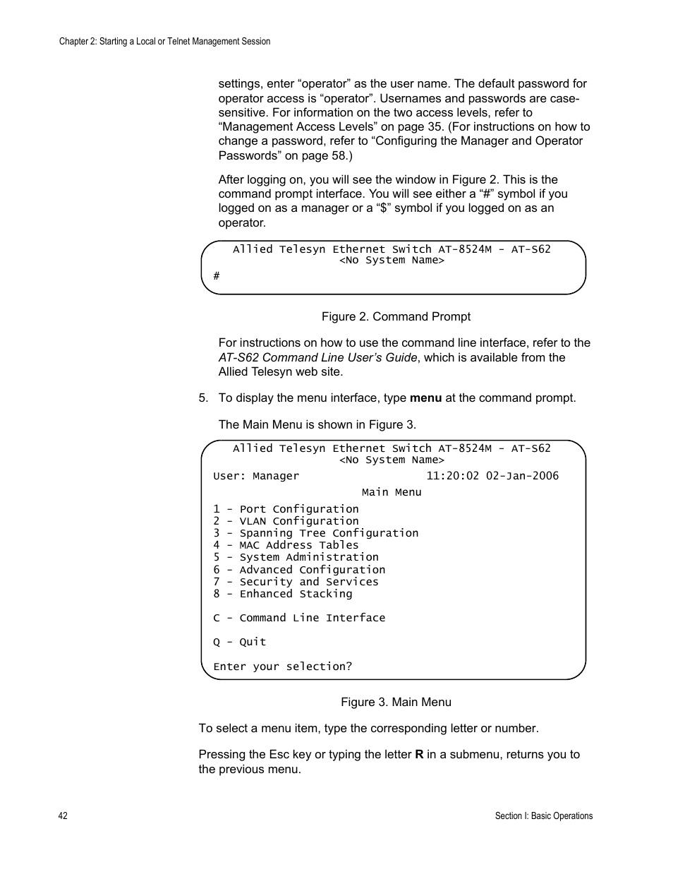 Figure 2: command prompt figure 3: main menu | Allied Telesis AT-S62 User Manual | Page 42 / 822