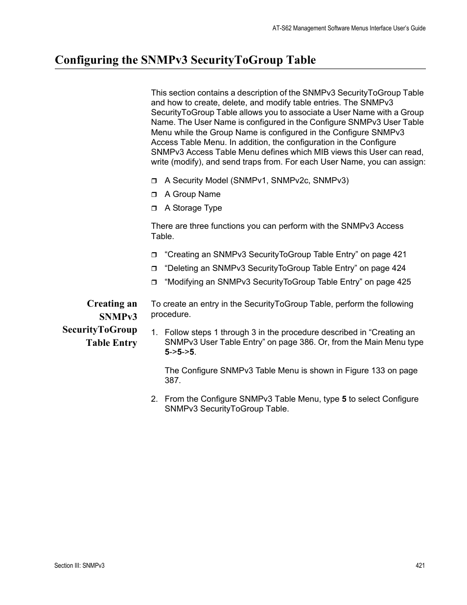 Configuring the snmpv3 securitytogroup table, Creating an snmpv3 securitytogroup table entry | Allied Telesis AT-S62 User Manual | Page 421 / 822