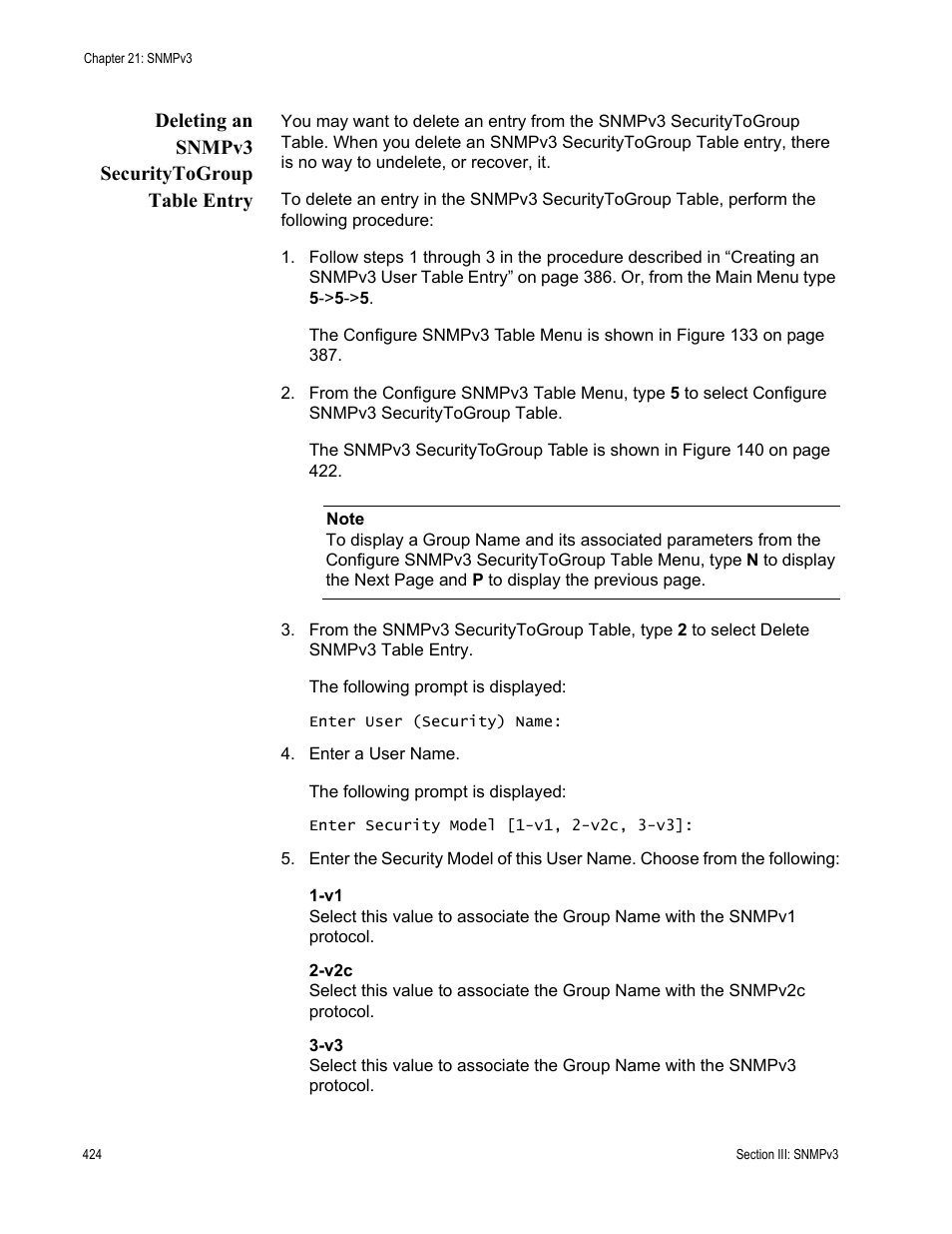 Deleting an snmpv3 securitytogroup table entry | Allied Telesis AT-S62 User Manual | Page 424 / 822