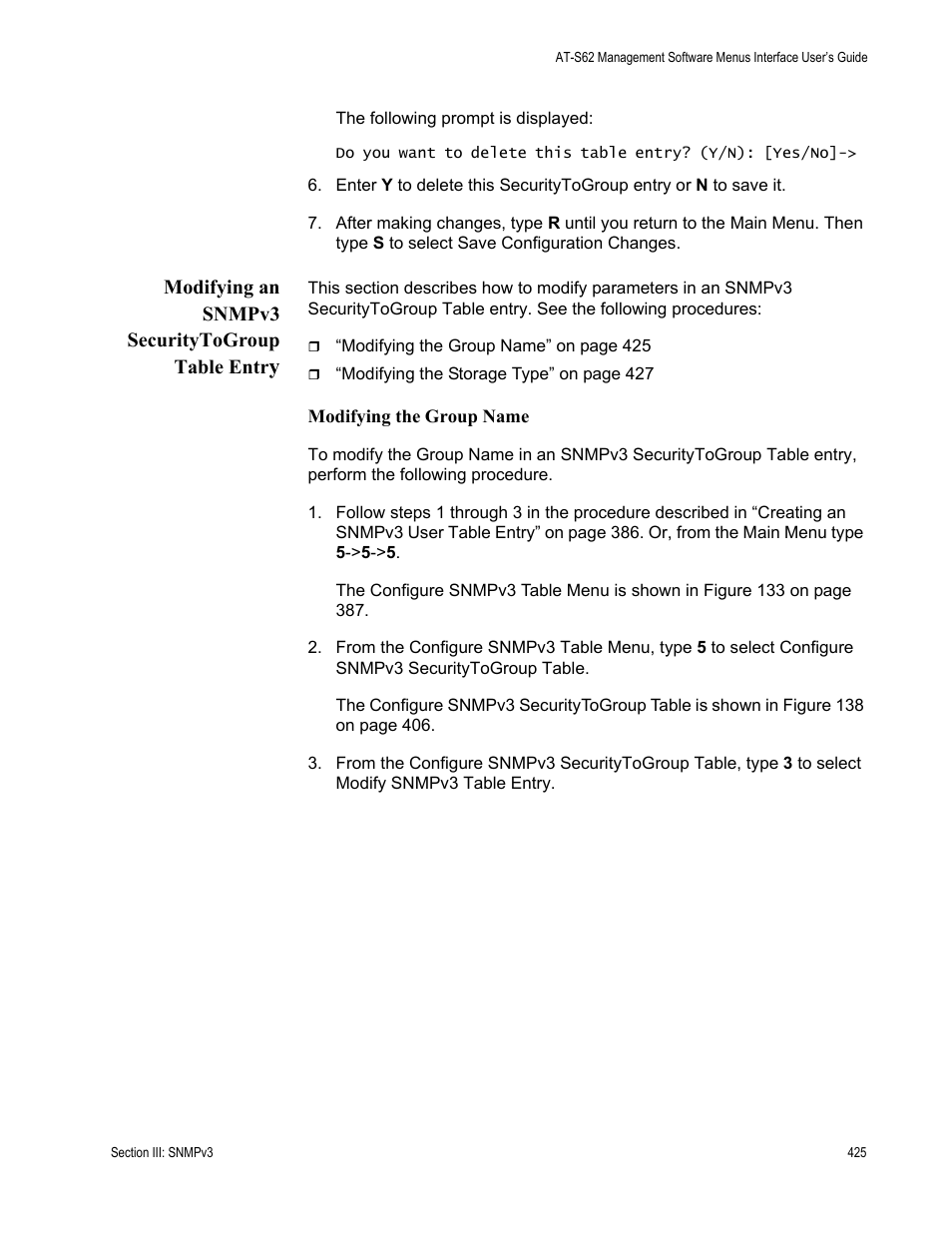 Modifying an snmpv3 securitytogroup table entry | Allied Telesis AT-S62 User Manual | Page 425 / 822