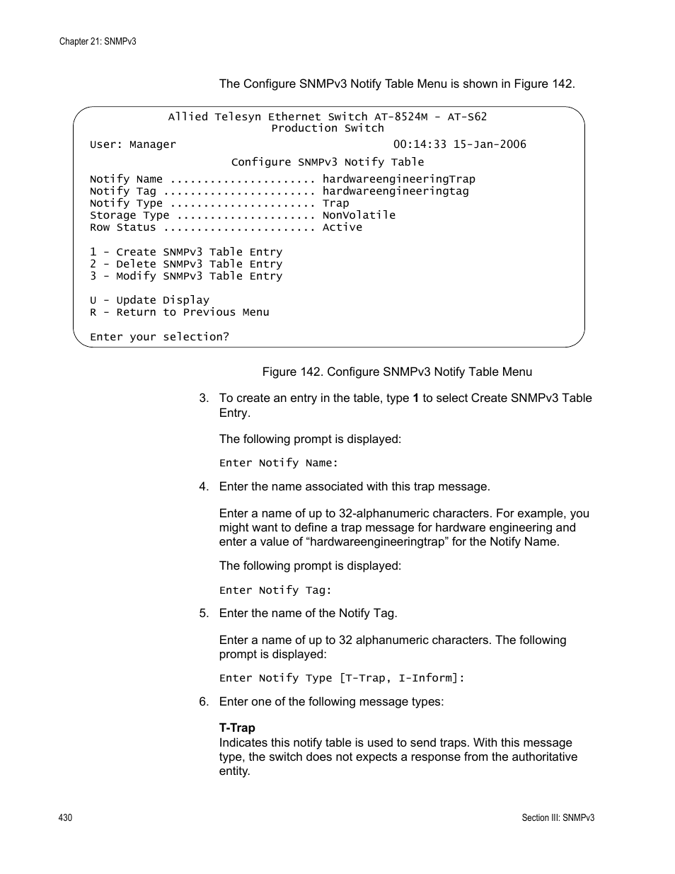 Figure 142: configure snmpv3 notify table menu | Allied Telesis AT-S62 User Manual | Page 430 / 822