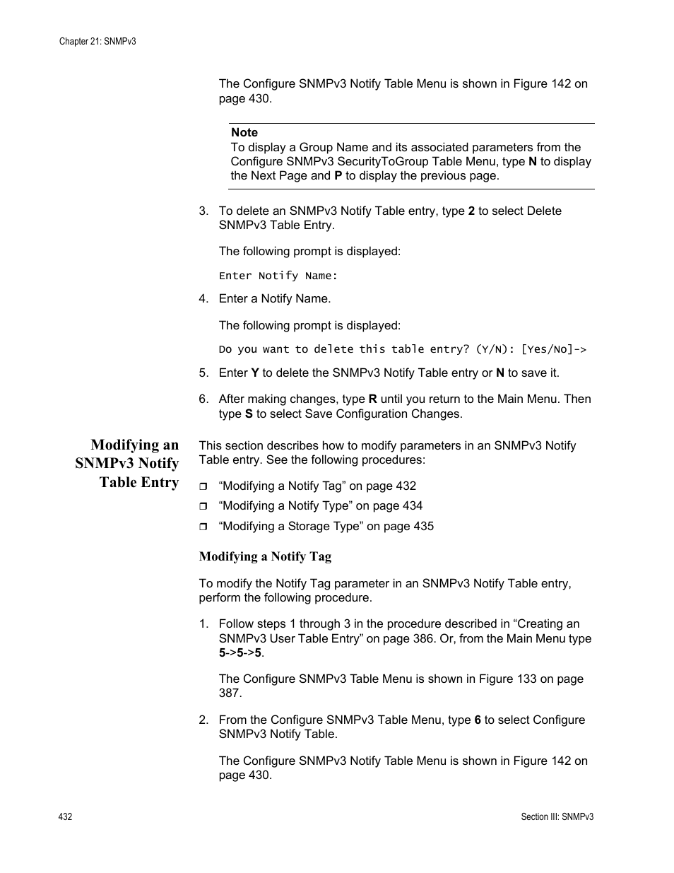 Modifying an snmpv3 notify table entry | Allied Telesis AT-S62 User Manual | Page 432 / 822