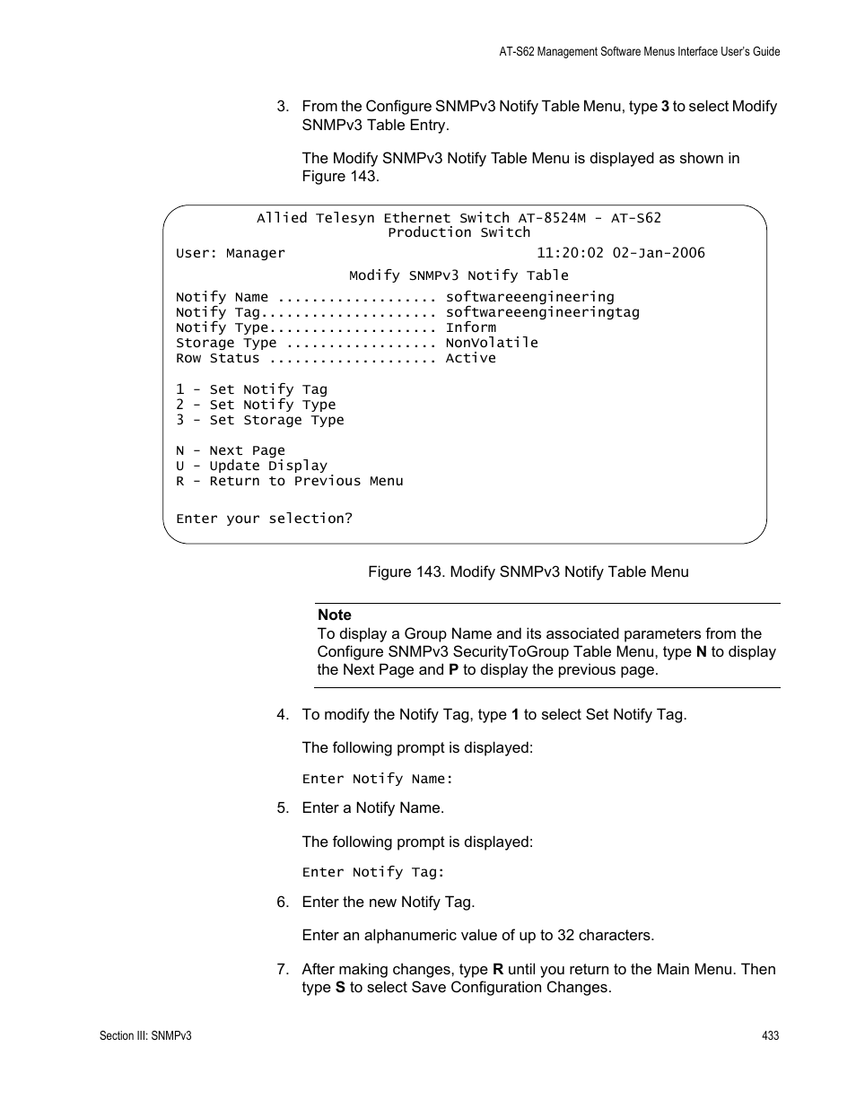 Figure 143: modify snmpv3 notify table menu | Allied Telesis AT-S62 User Manual | Page 433 / 822