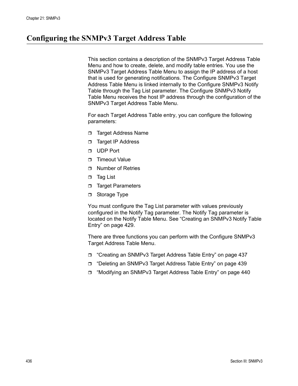 Configuring the snmpv3 target address table | Allied Telesis AT-S62 User Manual | Page 436 / 822