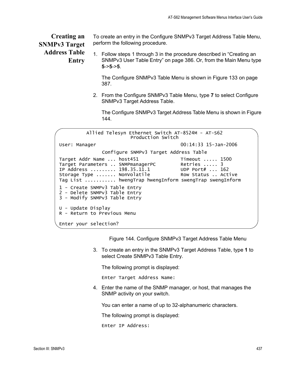 Creating an snmpv3 target address table entry | Allied Telesis AT-S62 User Manual | Page 437 / 822