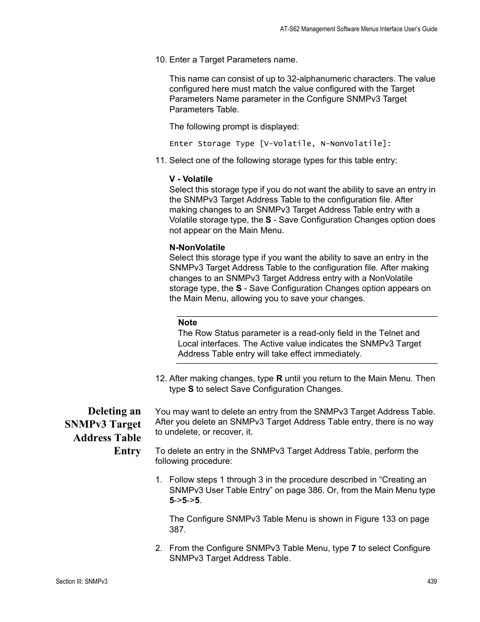 Deleting an snmpv3 target address table entry | Allied Telesis AT-S62 User Manual | Page 439 / 822