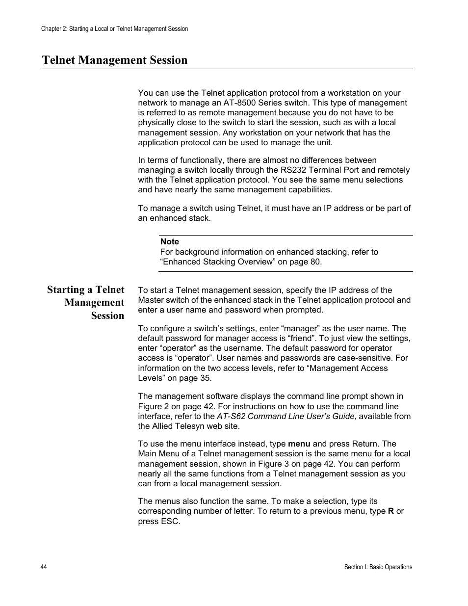 Telnet management session, Starting a telnet management session | Allied Telesis AT-S62 User Manual | Page 44 / 822