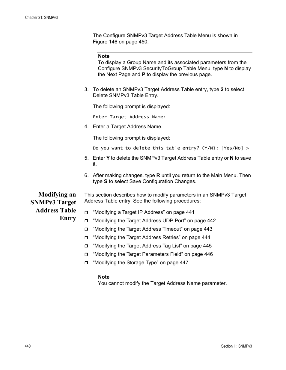 Modifying an snmpv3 target address table entry | Allied Telesis AT-S62 User Manual | Page 440 / 822