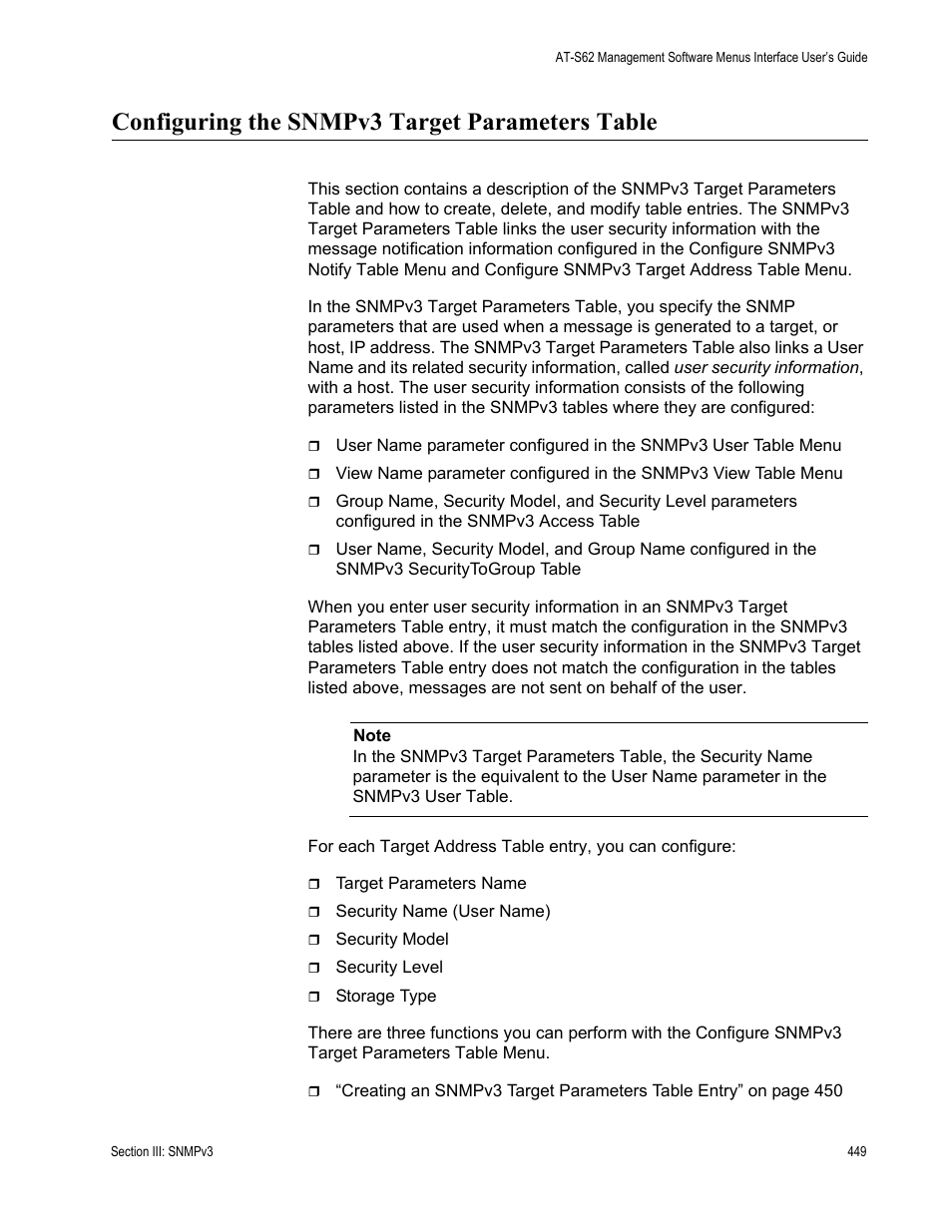 Configuring the snmpv3 target parameters table | Allied Telesis AT-S62 User Manual | Page 449 / 822