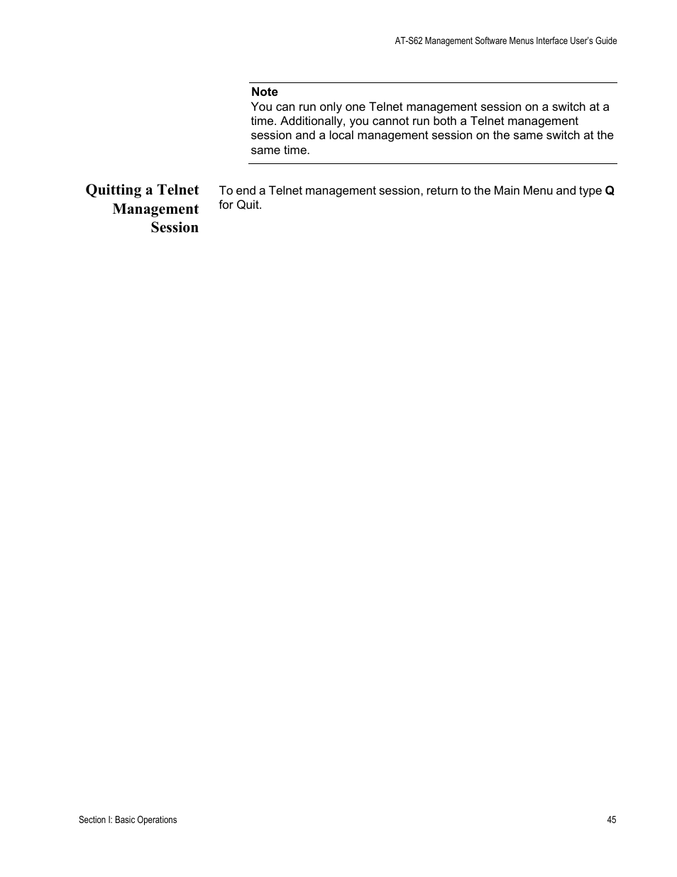 Quitting a telnet management session | Allied Telesis AT-S62 User Manual | Page 45 / 822