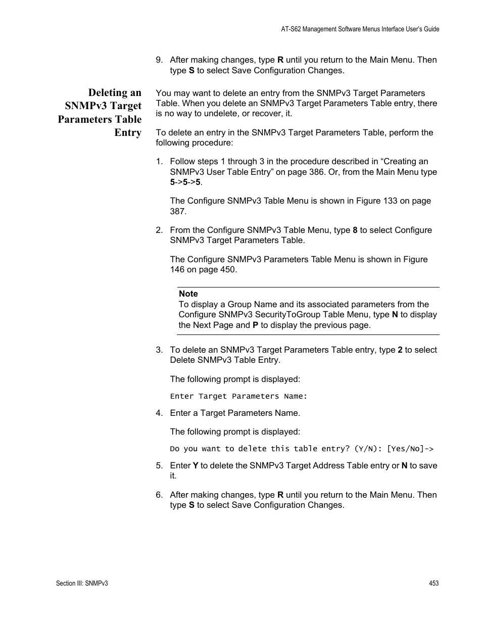 Deleting an snmpv3 target parameters table entry | Allied Telesis AT-S62 User Manual | Page 453 / 822