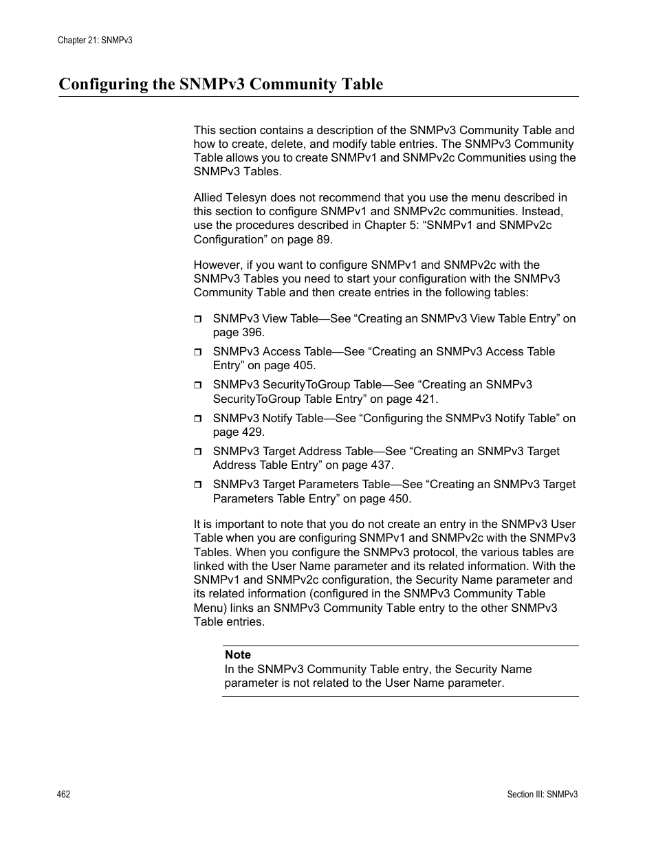 Configuring the snmpv3 community table | Allied Telesis AT-S62 User Manual | Page 462 / 822