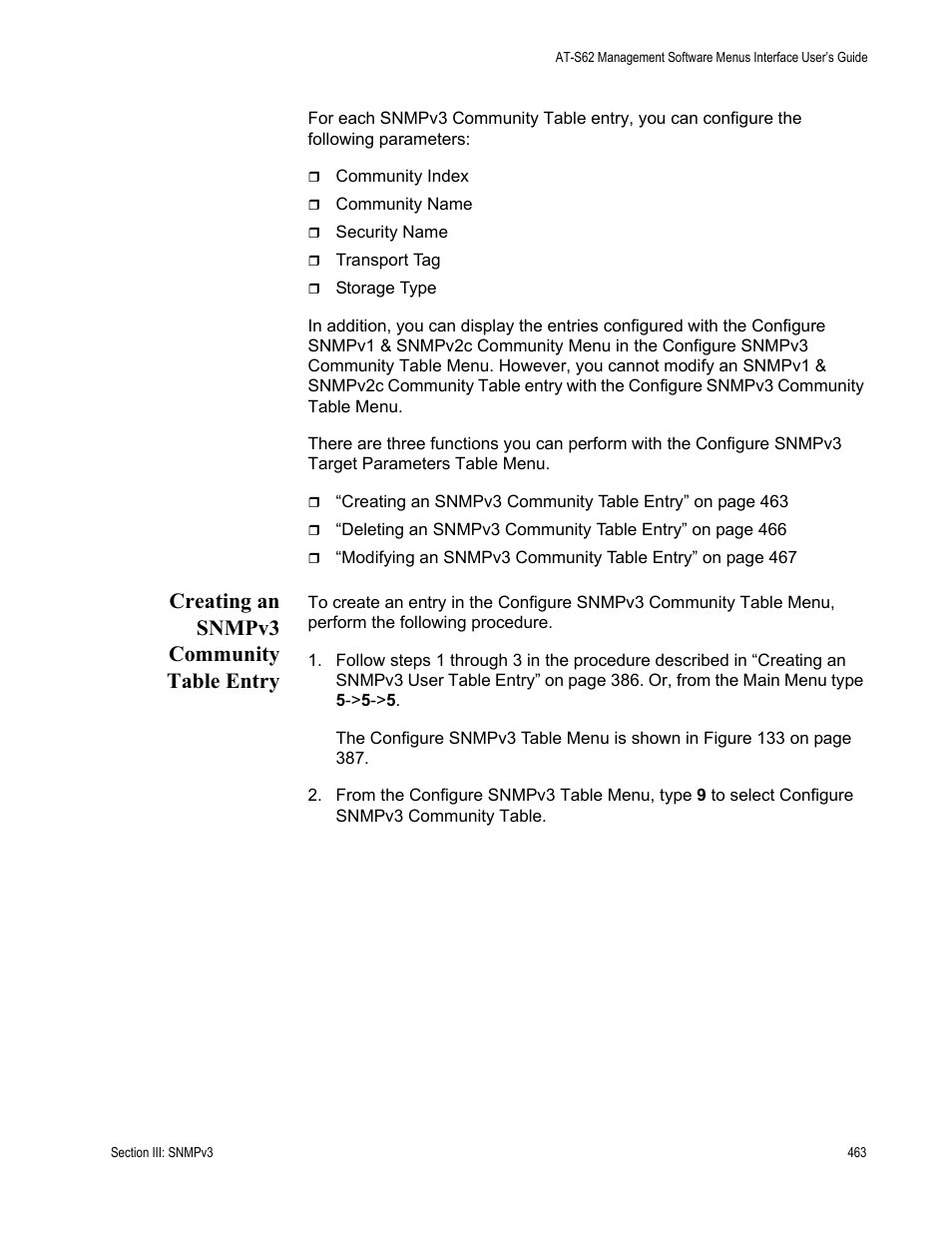 Creating an snmpv3 community table entry | Allied Telesis AT-S62 User Manual | Page 463 / 822