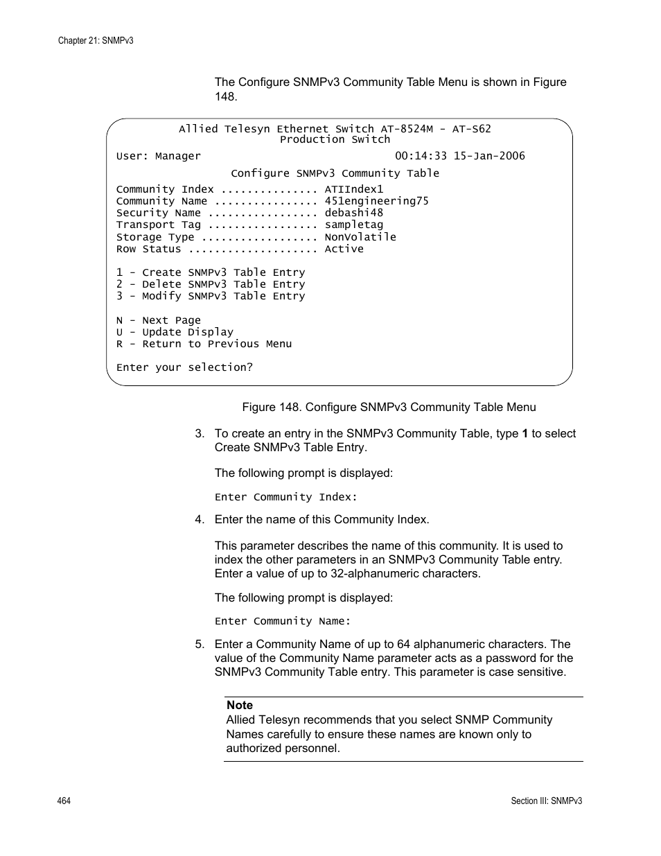 Figure 148: configure snmpv3 community table menu | Allied Telesis AT-S62 User Manual | Page 464 / 822