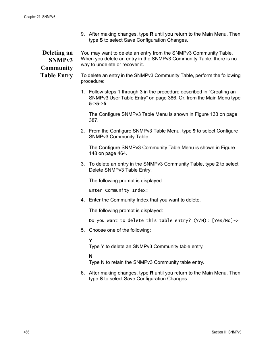 Deleting an snmpv3 community table entry | Allied Telesis AT-S62 User Manual | Page 466 / 822