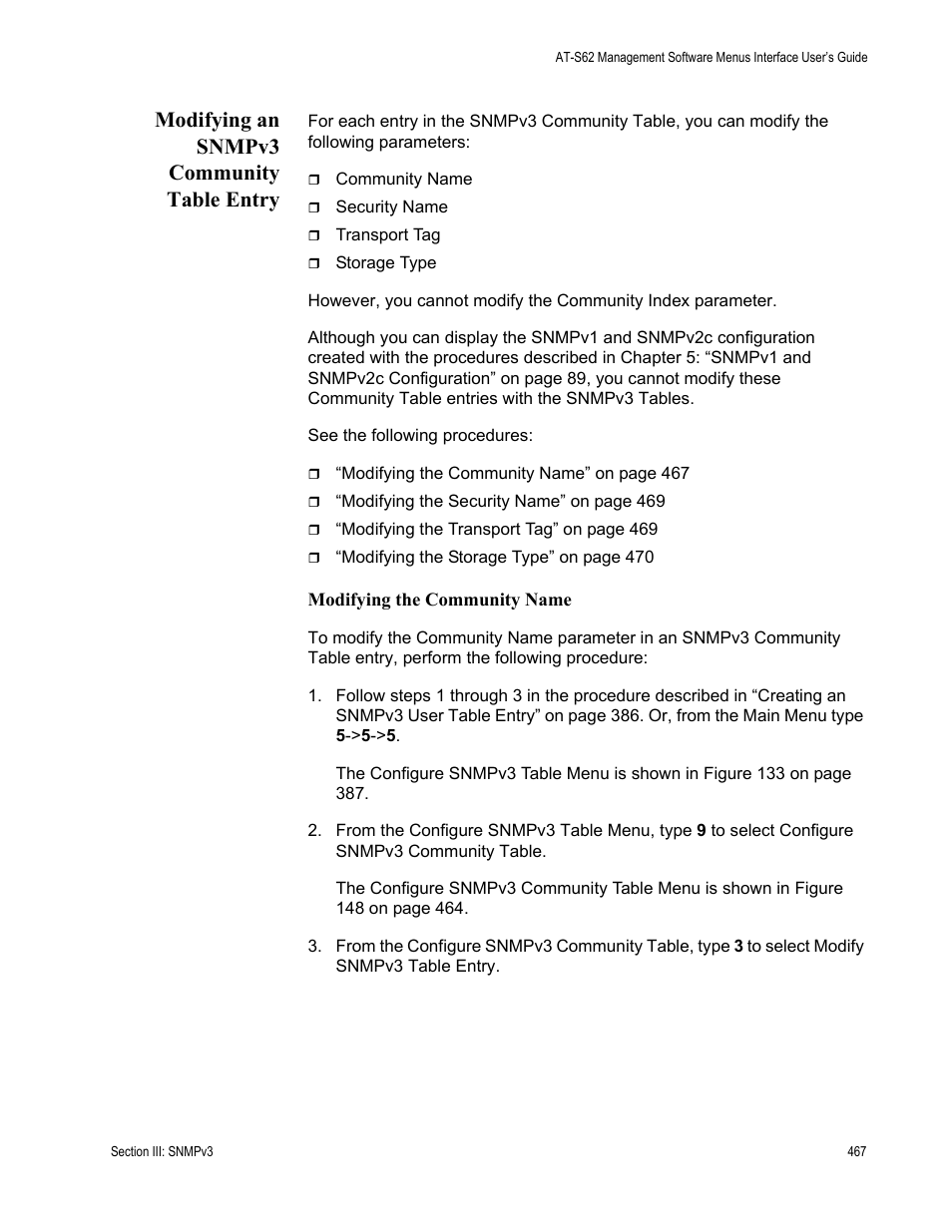 Modifying an snmpv3 community table entry | Allied Telesis AT-S62 User Manual | Page 467 / 822
