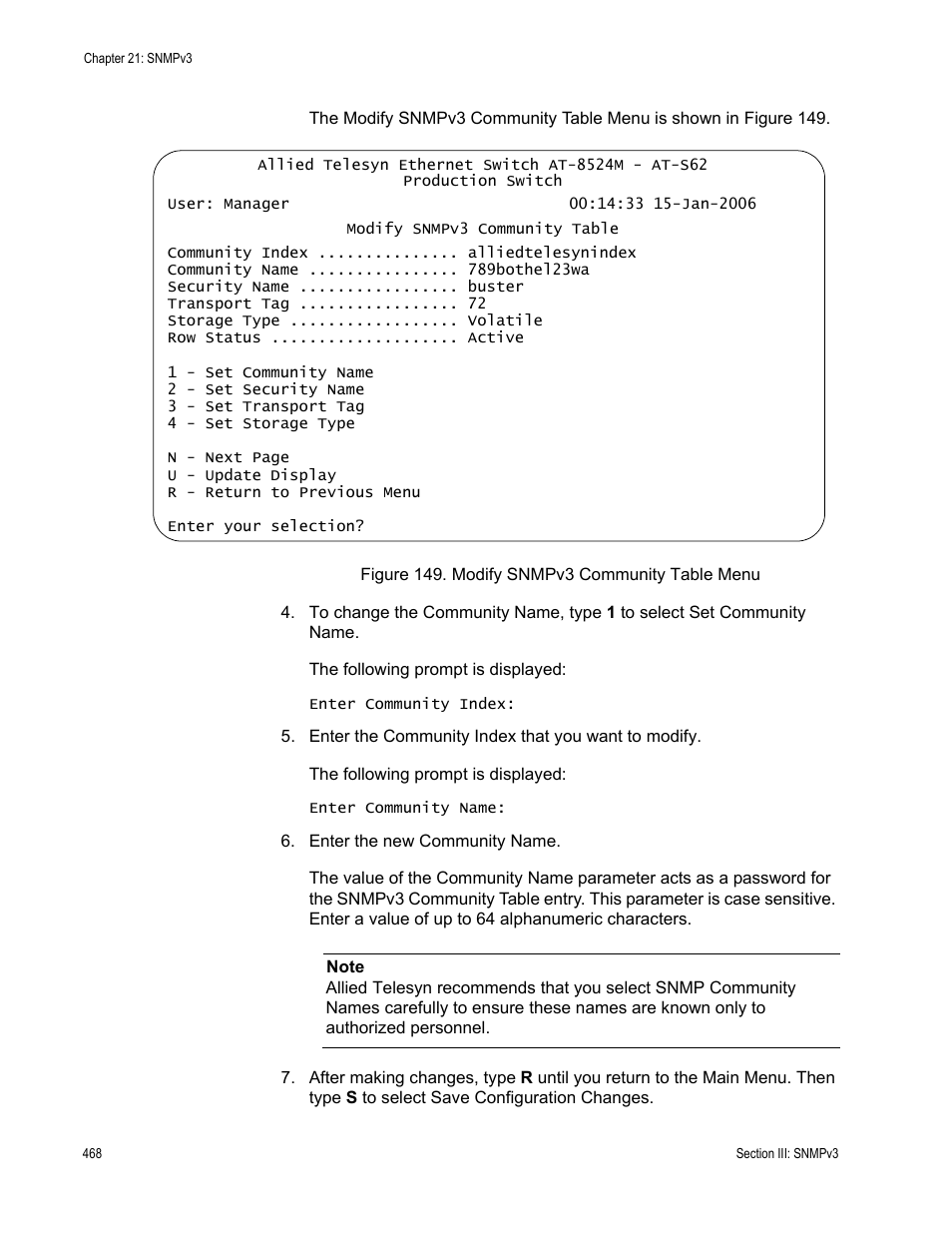 Figure 149: modify snmpv3 community table menu | Allied Telesis AT-S62 User Manual | Page 468 / 822