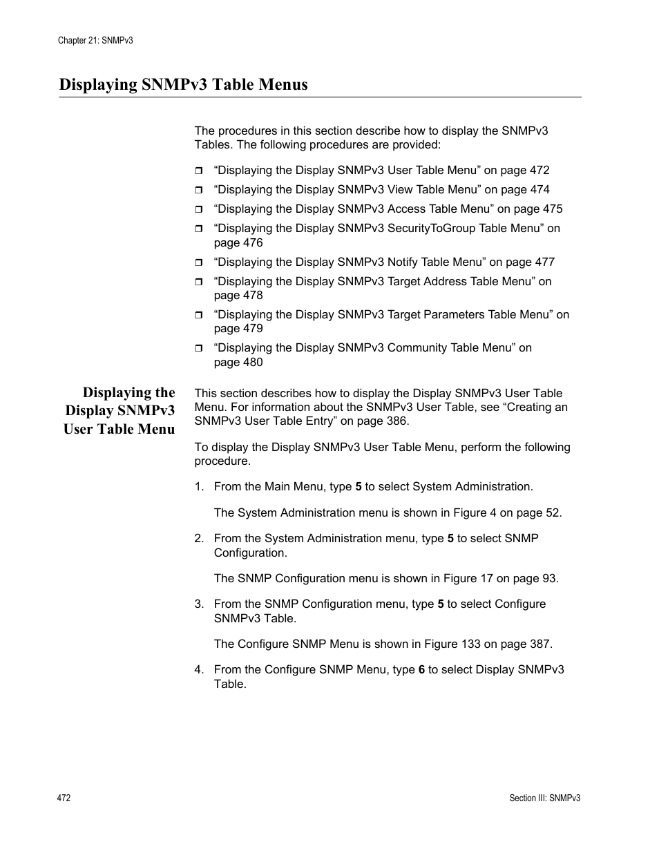 Displaying snmpv3 table menus, Displaying the display snmpv3 user table menu | Allied Telesis AT-S62 User Manual | Page 472 / 822