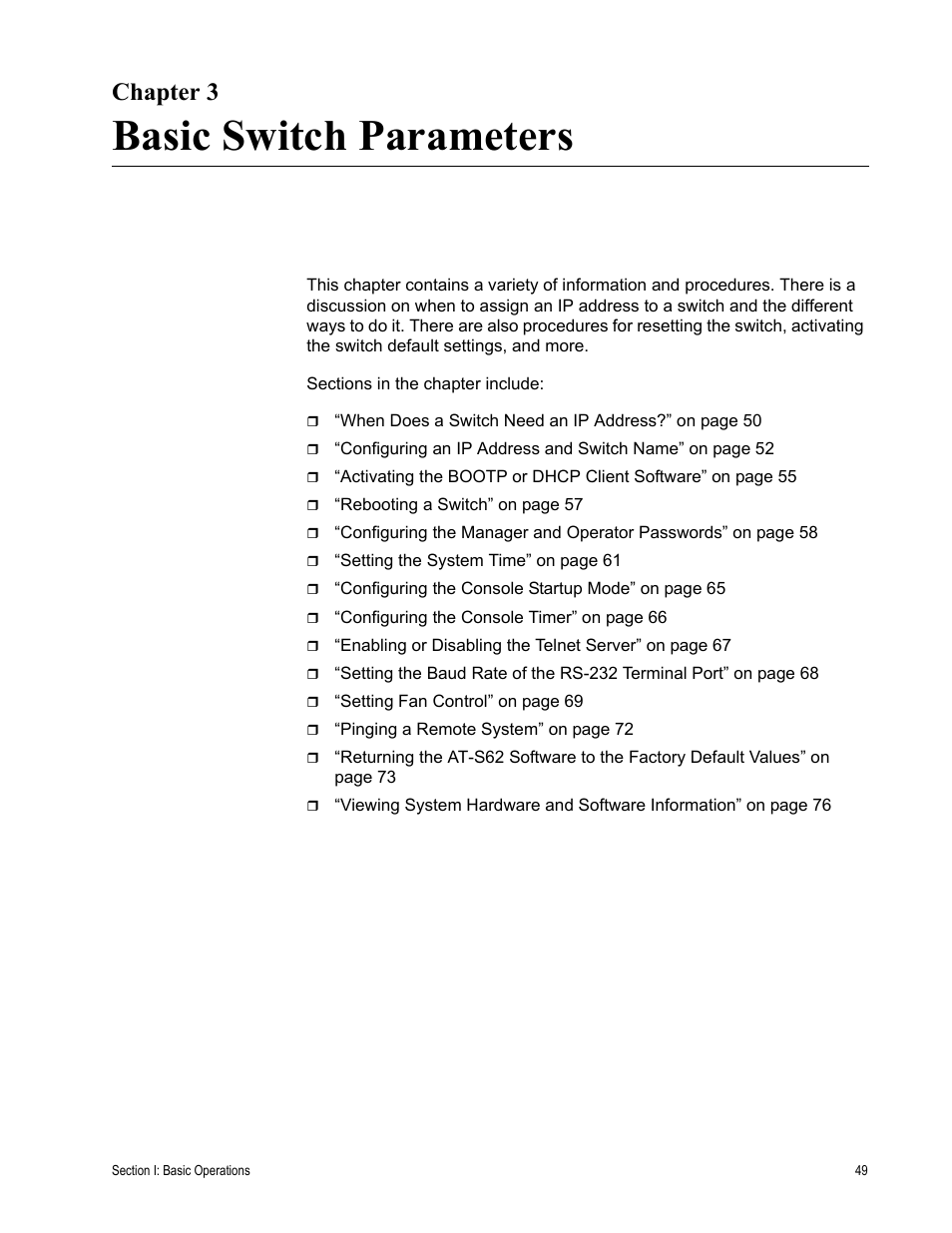 Chapter 3, Basic switch parameters, Chapter 3: basic switch parameters | Allied Telesis AT-S62 User Manual | Page 49 / 822