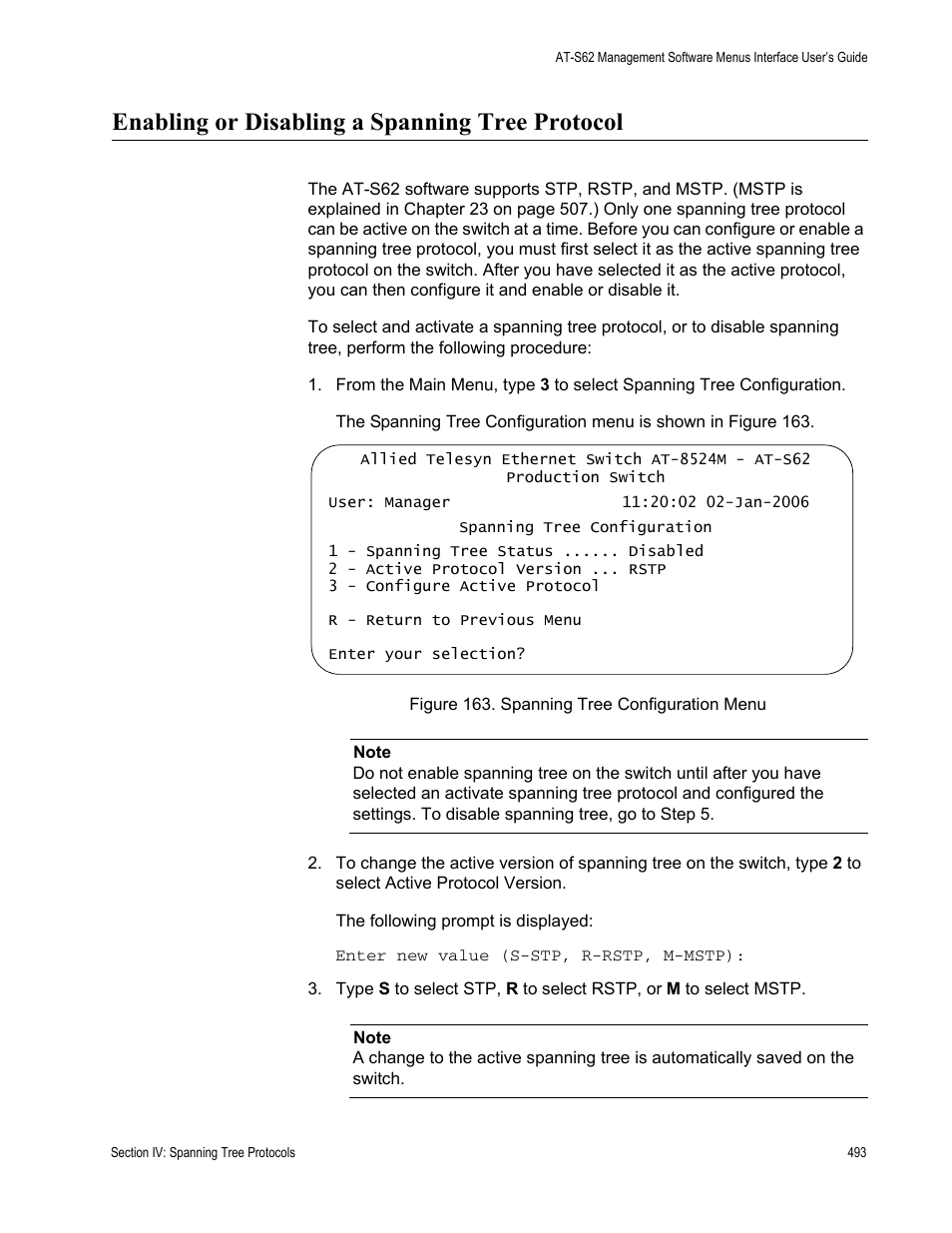 Enabling or disabling a spanning tree protocol, Figure 163: spanning tree configuration menu | Allied Telesis AT-S62 User Manual | Page 493 / 822