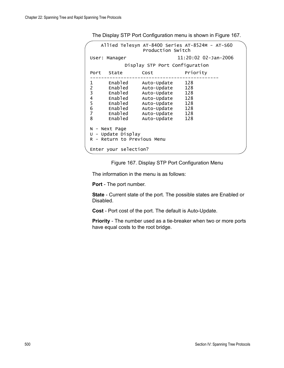 Figure 167: display stp port configuration menu | Allied Telesis AT-S62 User Manual | Page 500 / 822