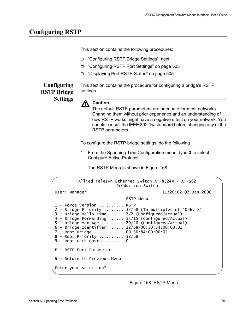 Configuring rstp, Configuring rstp bridge settings, Figure 168: rstp menu | Allied Telesis AT-S62 User Manual | Page 501 / 822