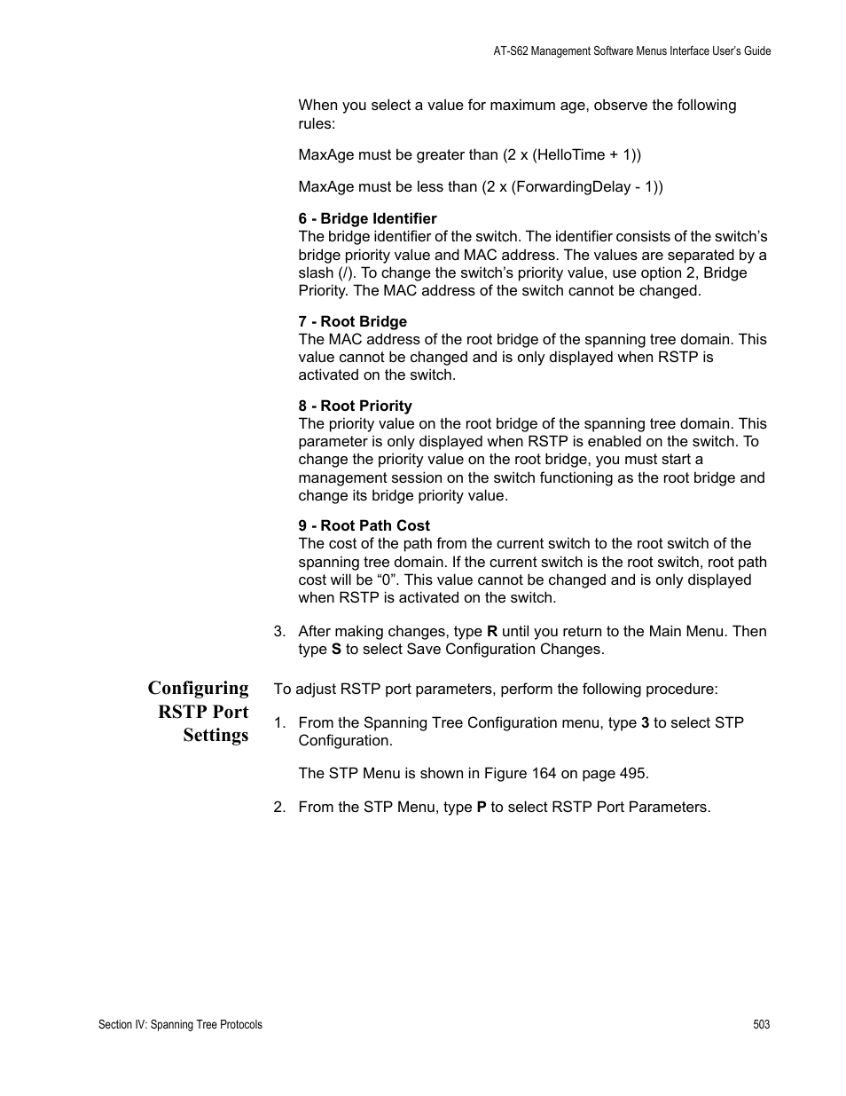 Configuring rstp port settings | Allied Telesis AT-S62 User Manual | Page 503 / 822