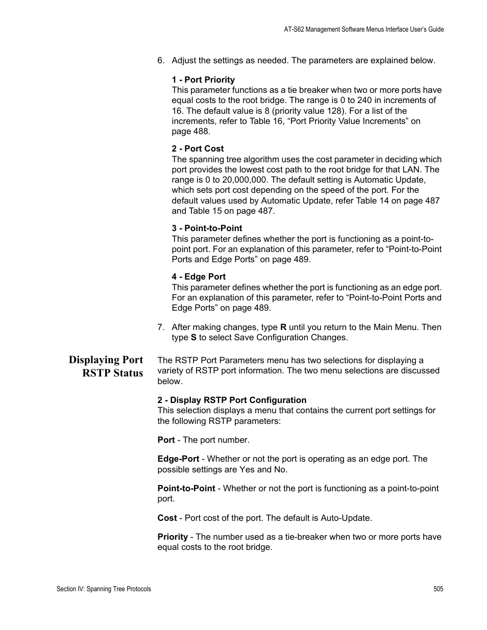 Displaying port rstp status | Allied Telesis AT-S62 User Manual | Page 505 / 822