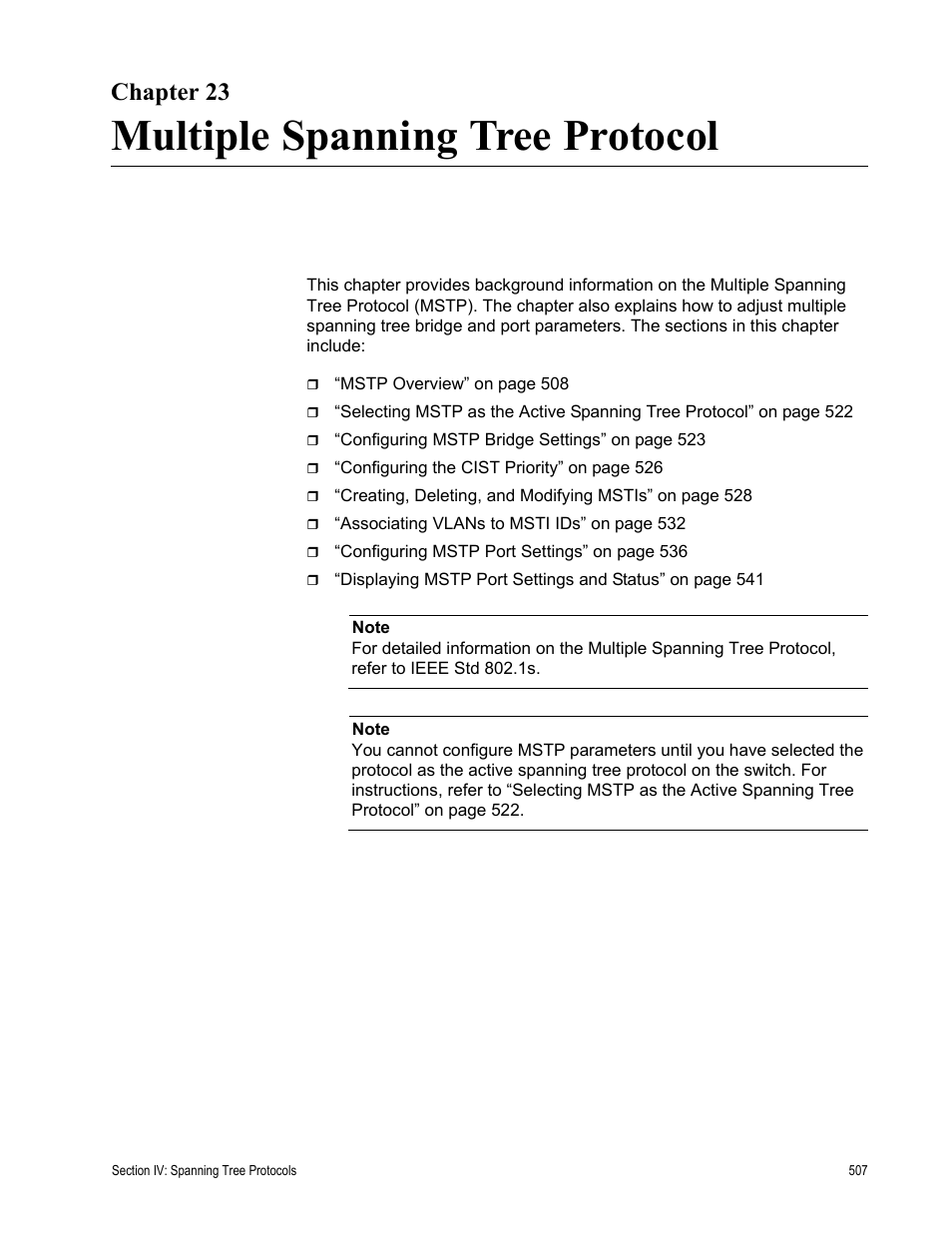 Chapter 23, Multiple spanning tree protocol, Chapter 23: multiple spanning tree protocol | Allied Telesis AT-S62 User Manual | Page 507 / 822