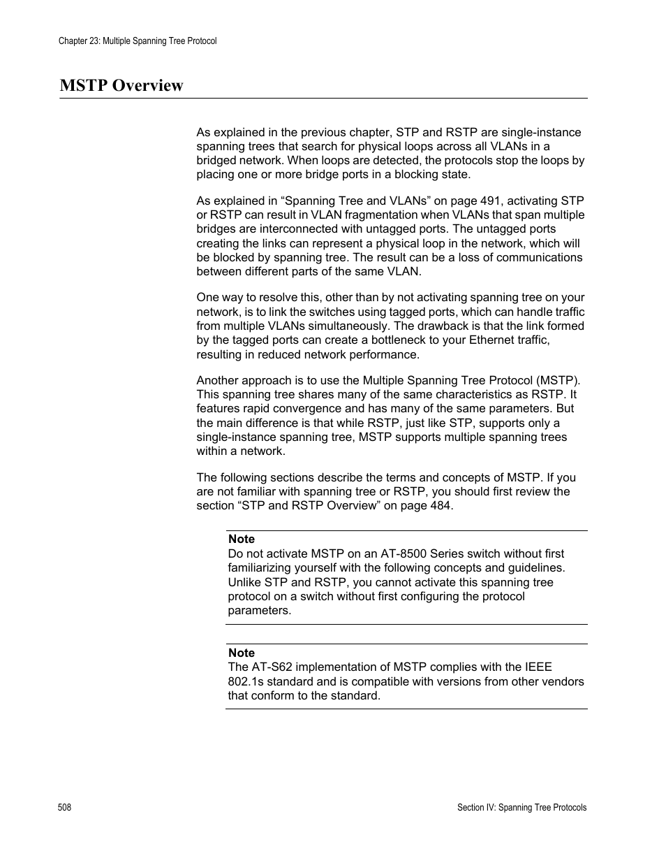 Mstp overview | Allied Telesis AT-S62 User Manual | Page 508 / 822